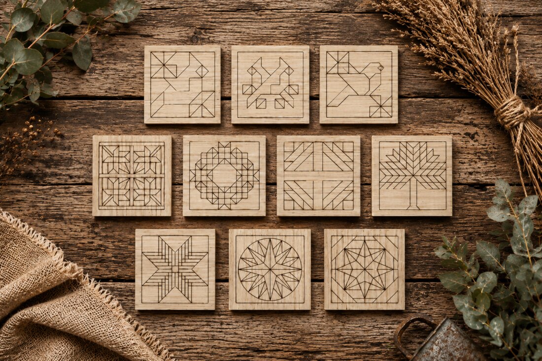 Ten unfinished precision-cut wooden barn quilt blanks arranged on rustic wood