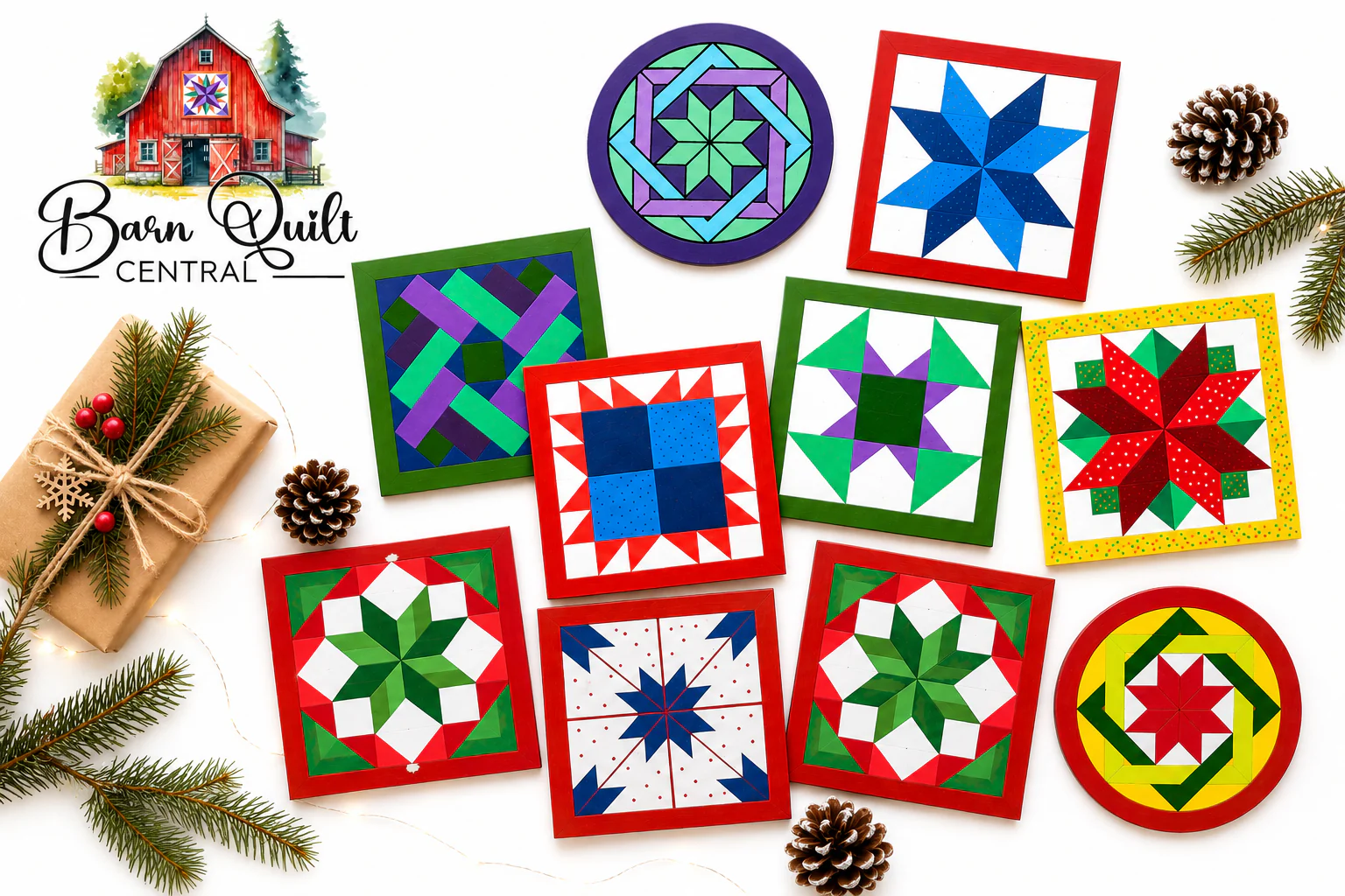 Barn Quilt Central Christmas display featuring a colorful collection of finished barn quilts