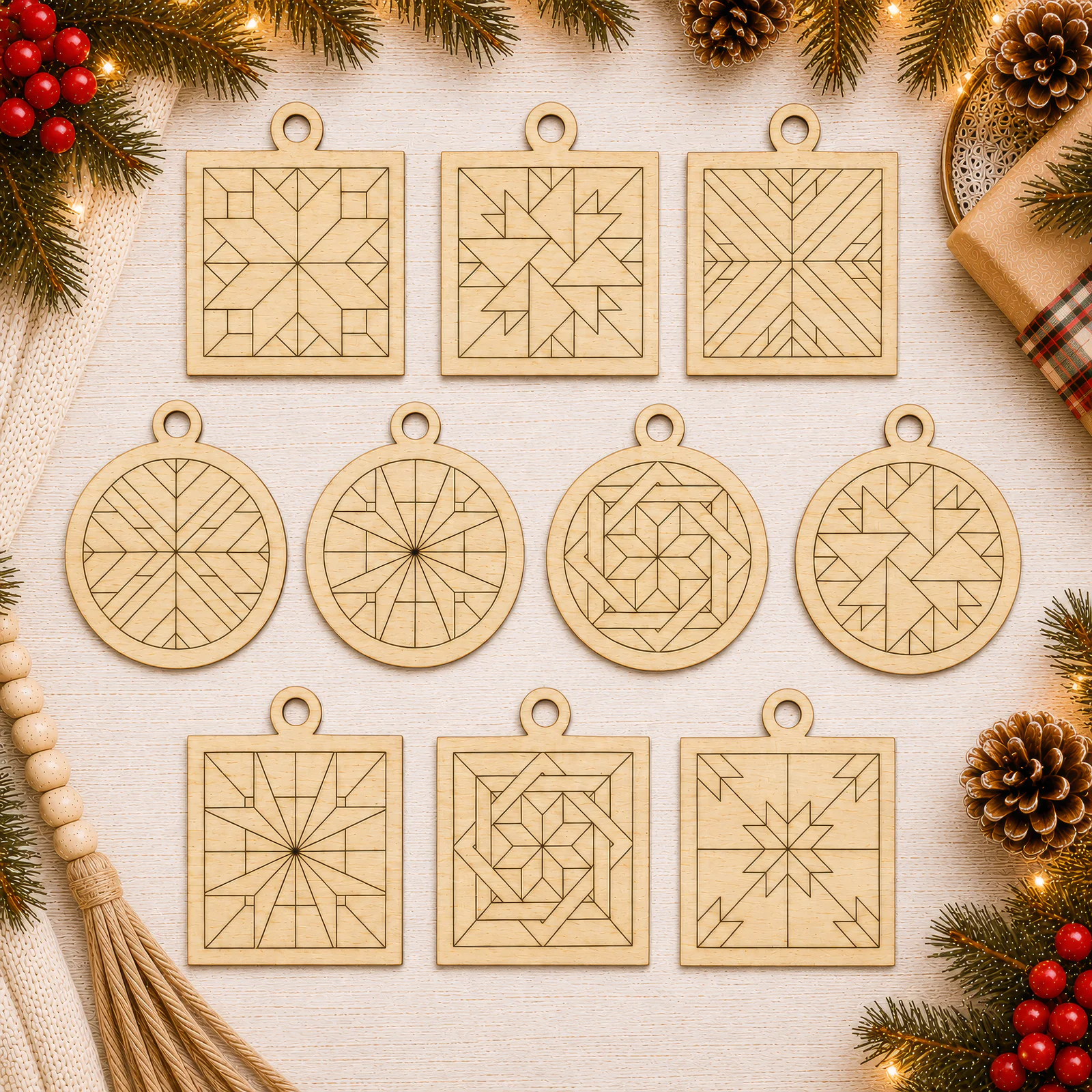 Examples of unfinished square and round wood barn quilt ornaments with engraved patterns