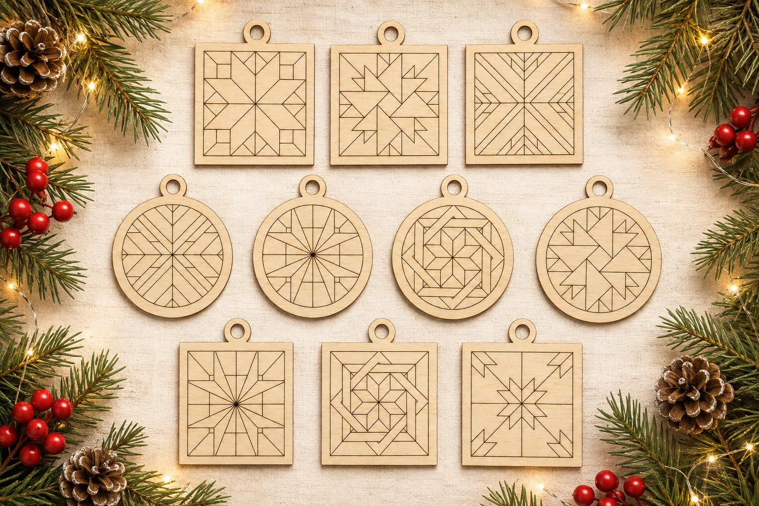 Ten unfinished wooden barn quilt ornaments arranged in a Christmas setting