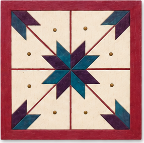 Finished star barn quilt in teal, burgundy, cream, and plum