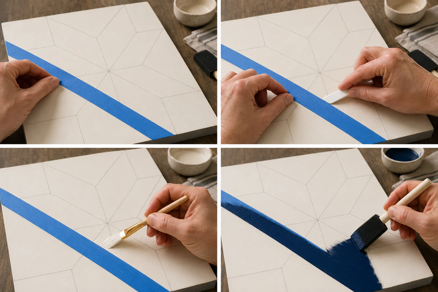 Four-stage original illustration of positioning painter’s tape, burnishing the edge, sealing with the base color, and applying a thin navy coat.