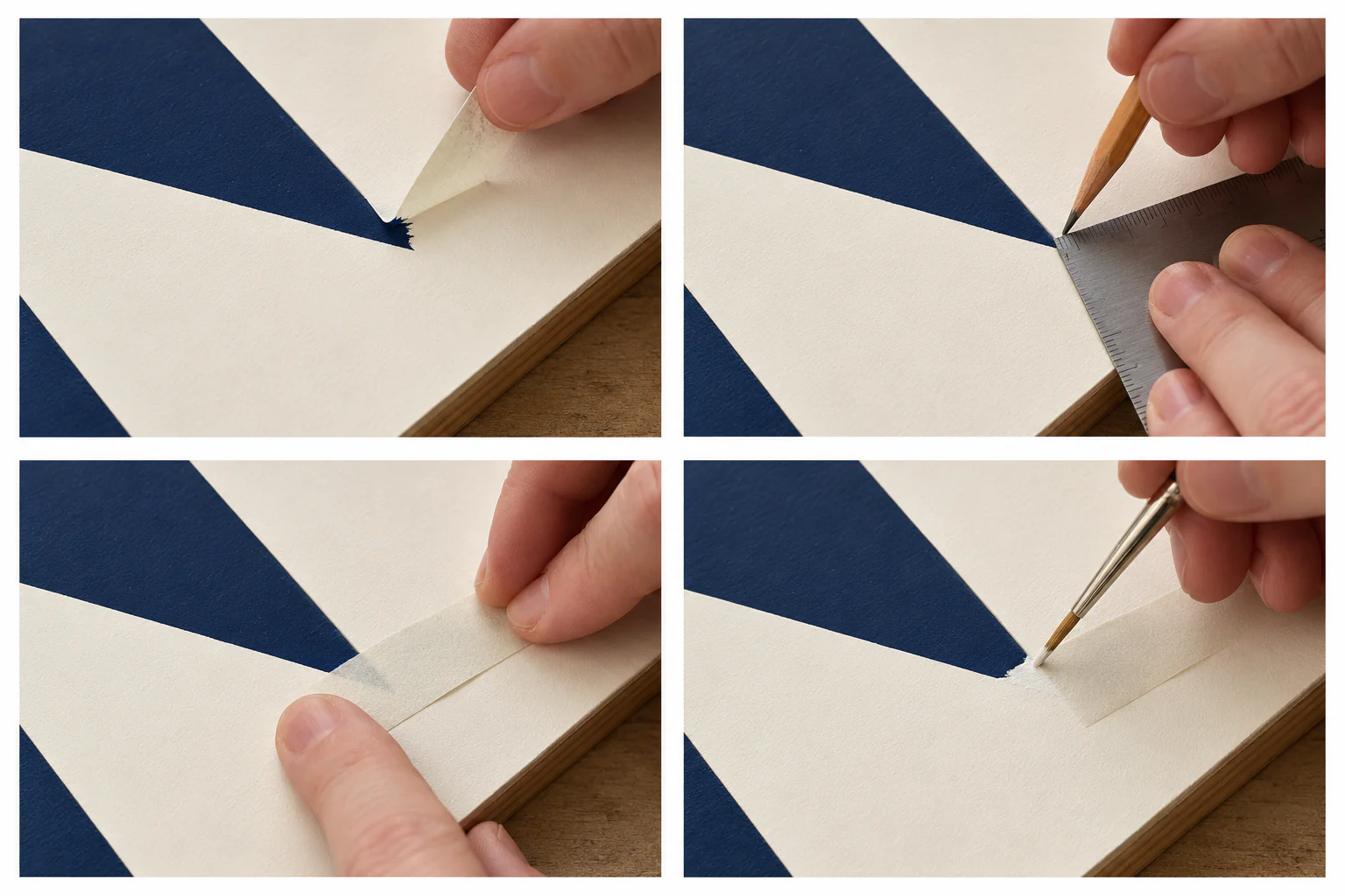 Four-stage original illustration showing a small paint bleed, verified boundary, localized remasking, and careful touch-up.